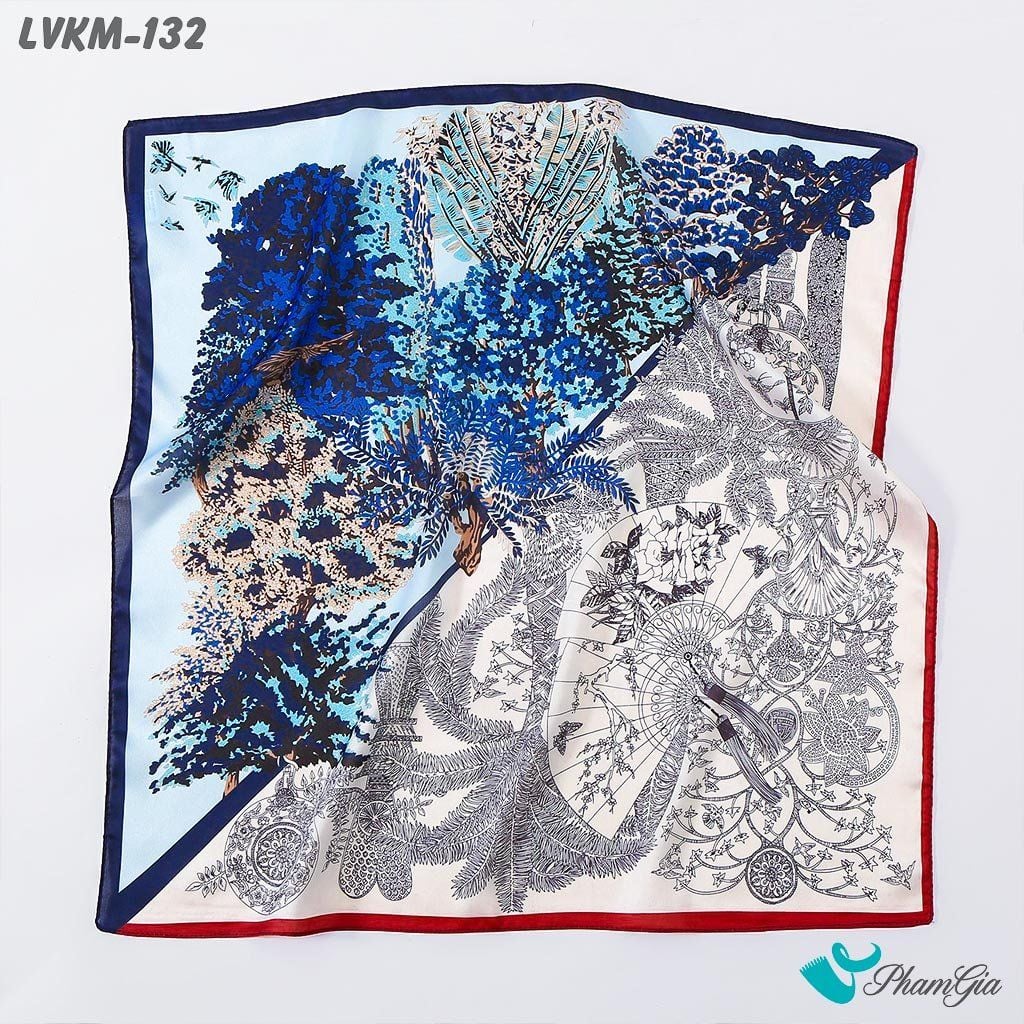 Khăn Lụa Vuông 90*90Cm Họa Tiết Retro Đương Đại Phối Màu Xanh - Trắng (LVKM132)