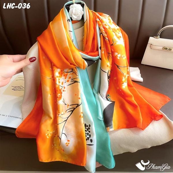 Khăn Choàng Lụa Hàng Châu Màu Cam Phối Xanh Ngọc Ombre Họa Tiết Hoa Đào Thanh Lịch (LHC036)