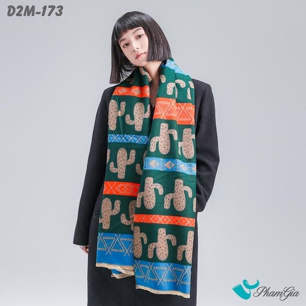 Khăn Choàng Dạ Cashmere 2 Mặt Cao Cấp Họa Tiết Thổ Cẩm Xương Rồng Phối Nhiều Màu Cá Tính (D2M173)