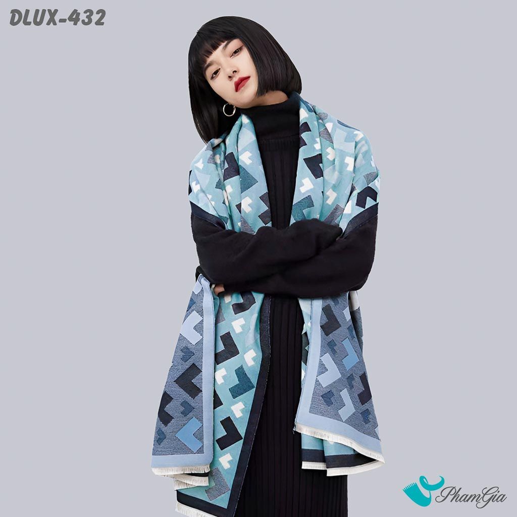 Khăn Choàng Dạ Cashmere Cao Cấp Họa Tiết Mũi Tên Hình Học Màu Xanh Baby Viền Đen Cá Tính