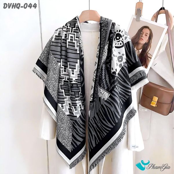 Khăn Choàng Dạ Cashmere Vuông Phong Cách Hàn Quốc Cao Cấp Họa Tiết Retro Màu Đen Xám (DVHQ044)