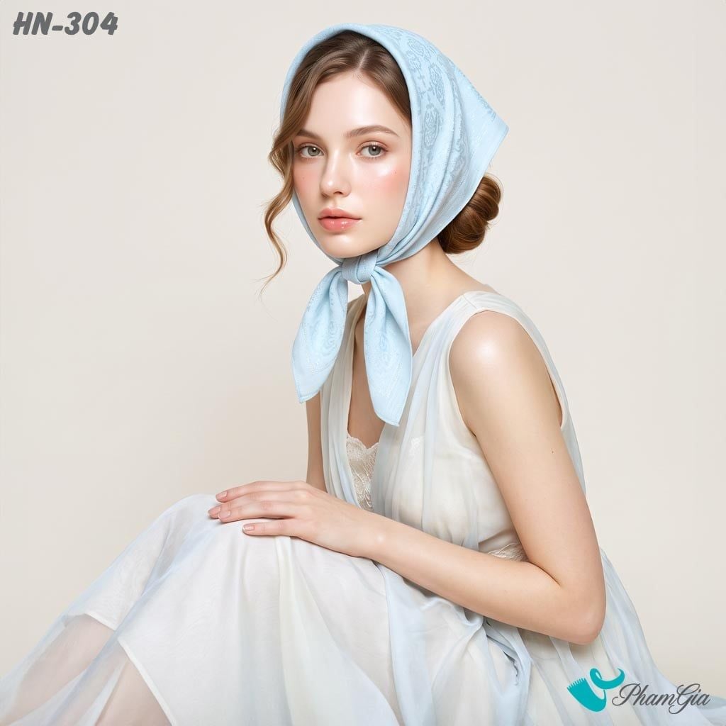 Khăn Linen Vuông Hy Nhiên 70*70Cm Hoạ Tiết Chìm Màu Xanh Baby (HN304)
