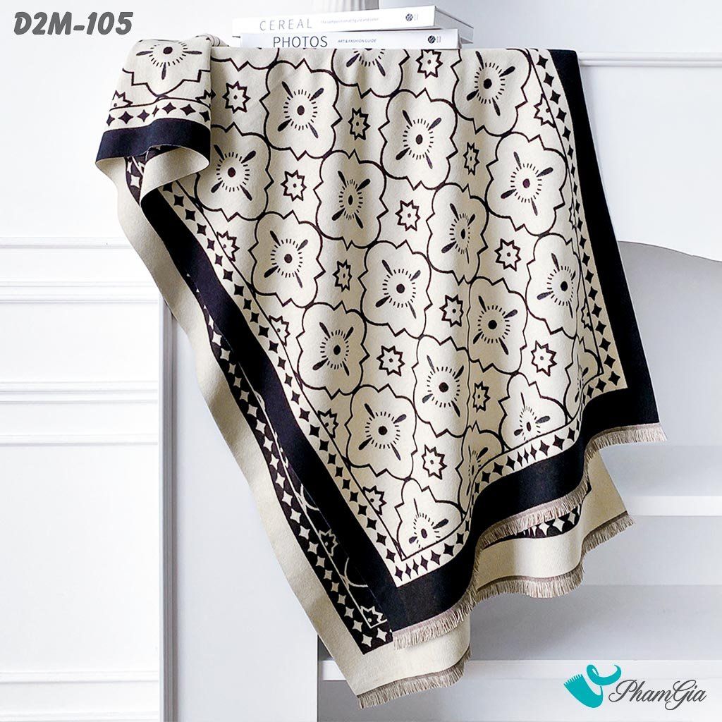 Khăn Choàng Dạ Cashmere 2 Mặt Cao Cấp Họa Tiết Hoa Cổ Điển Màu Nâu Beige (D2M105)