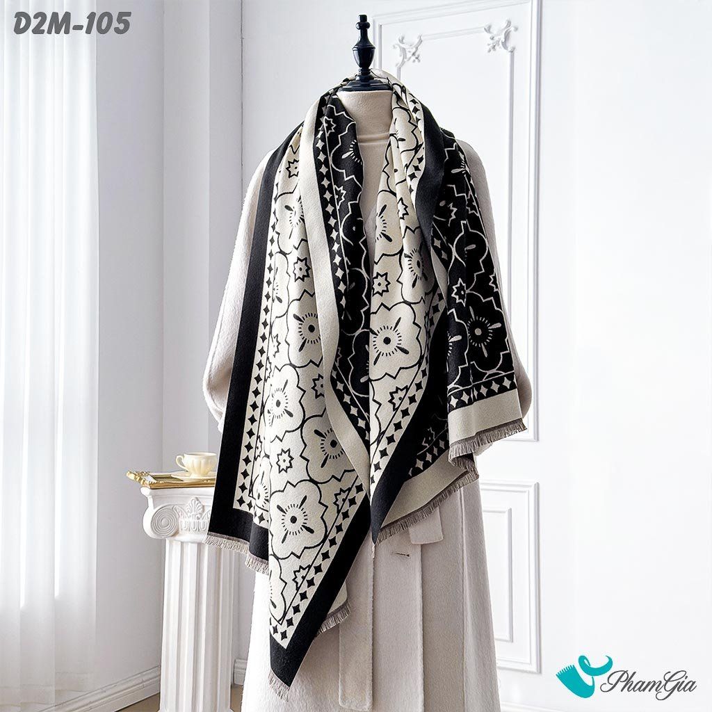 Khăn Choàng Dạ Cashmere 2 Mặt Cao Cấp Họa Tiết Hoa Cổ Điển Màu Nâu Beige (D2M105)