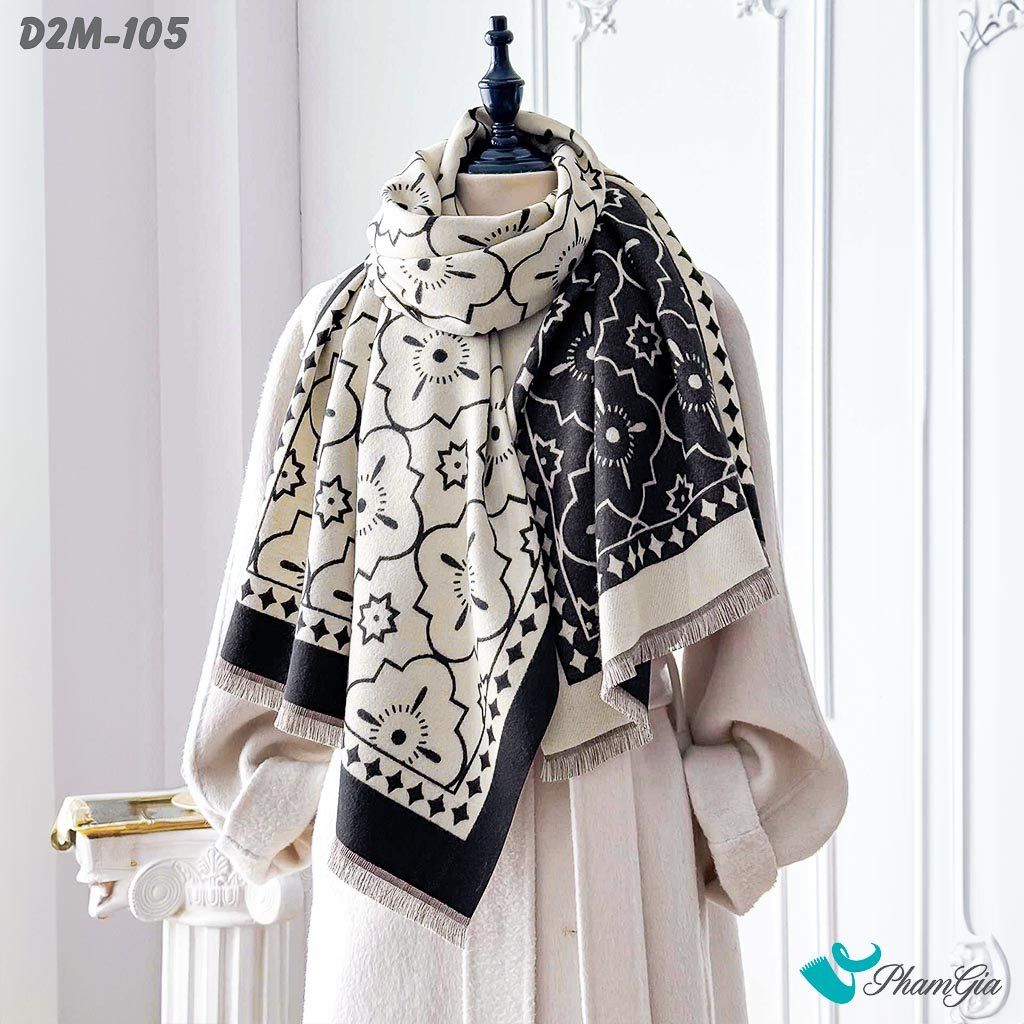 Khăn Choàng Dạ Cashmere 2 Mặt Cao Cấp Họa Tiết Hoa Cổ Điển Màu Nâu Beige (D2M105)