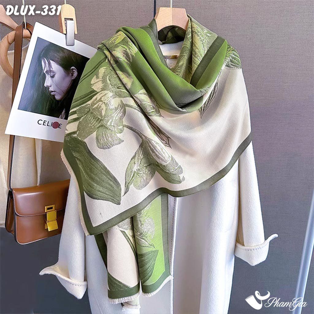 Khăn Choàng Dạ Cashmere Cao Cấp Họa Tiết Hoa Lily Màu Xanh Rêu Trang Nhã (DLUX331)