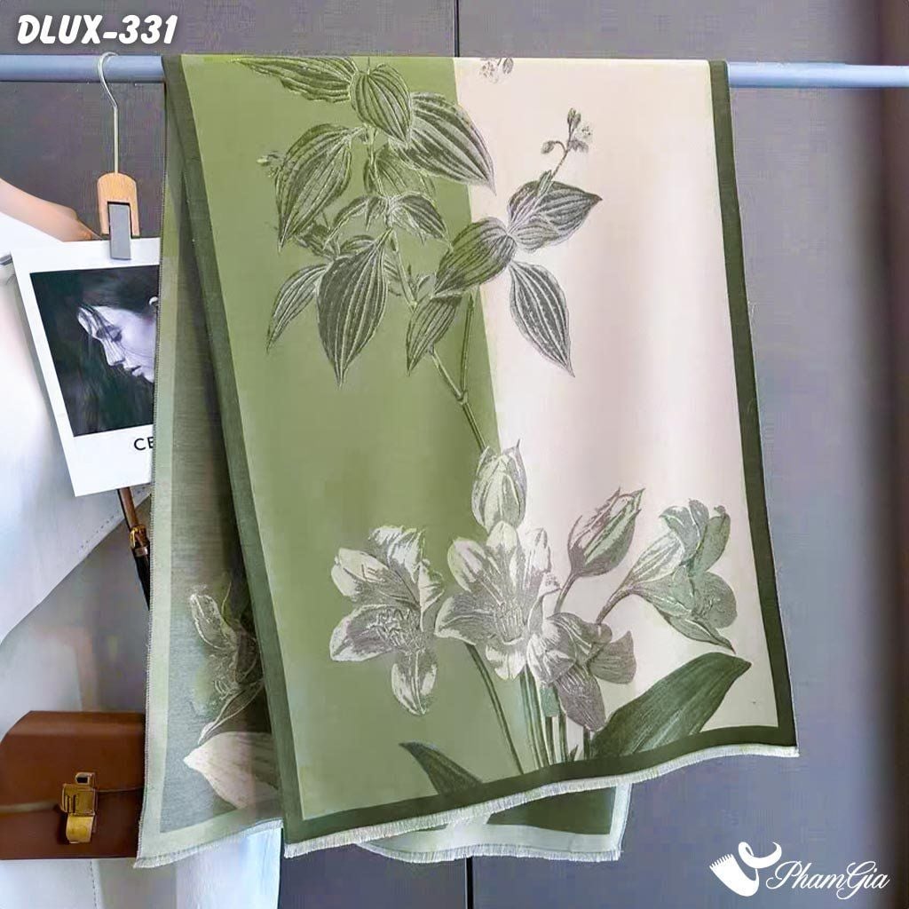 Khăn Choàng Dạ Cashmere Cao Cấp Họa Tiết Hoa Lily Màu Xanh Rêu Trang Nhã (DLUX331)