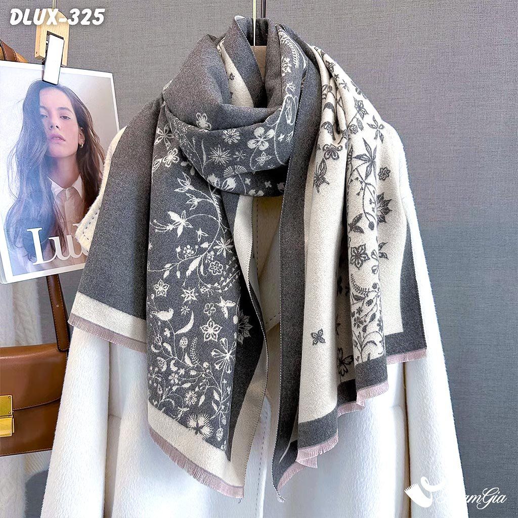 Khăn Choàng Dạ Cashmere Cao Cấp Họa Tiết Hoa Nguyệt Quế Màu Xám Quý Phái (DLUX325)