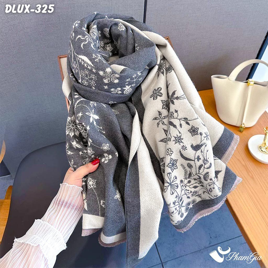 Khăn Choàng Dạ Cashmere Cao Cấp Họa Tiết Hoa Nguyệt Quế Màu Xám Quý Phái (DLUX325)
