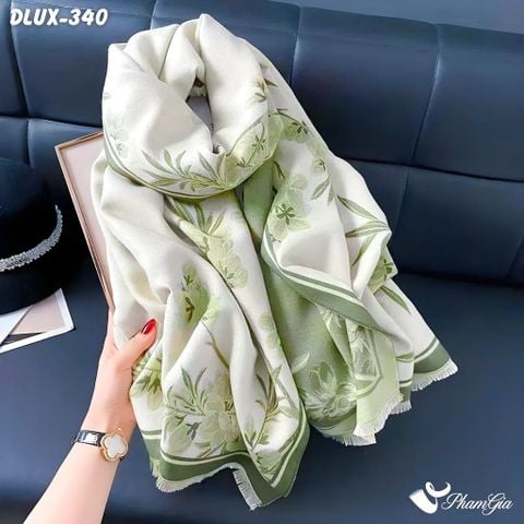 Khăn Choàng Dạ Cashmere Cao Cấp Họa Tiết Hoa Diên Vĩ Màu Xanh Matcha Trang Nhã (DLUX340)