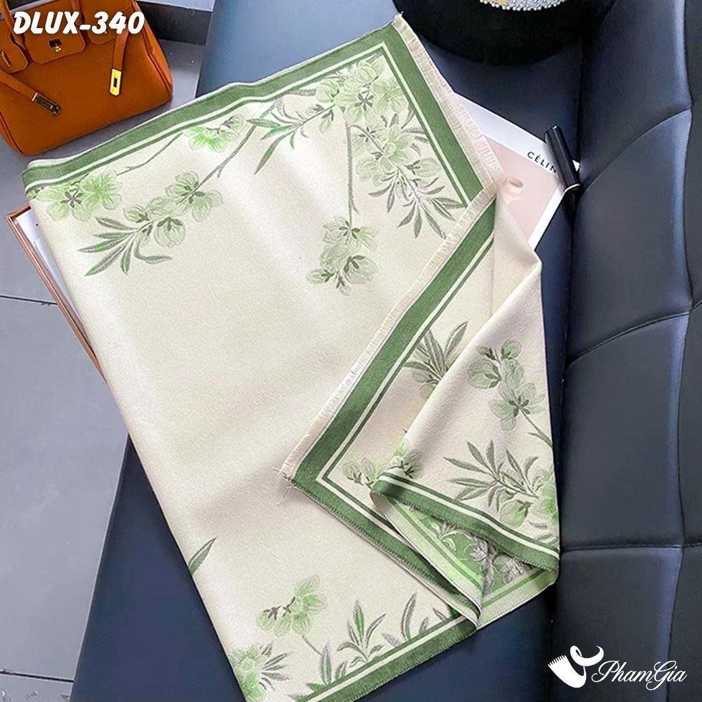Khăn Choàng Dạ Cashmere Cao Cấp Họa Tiết Hoa Nhài Màu Xanh Rêu Trang Nhã (DLUX340)