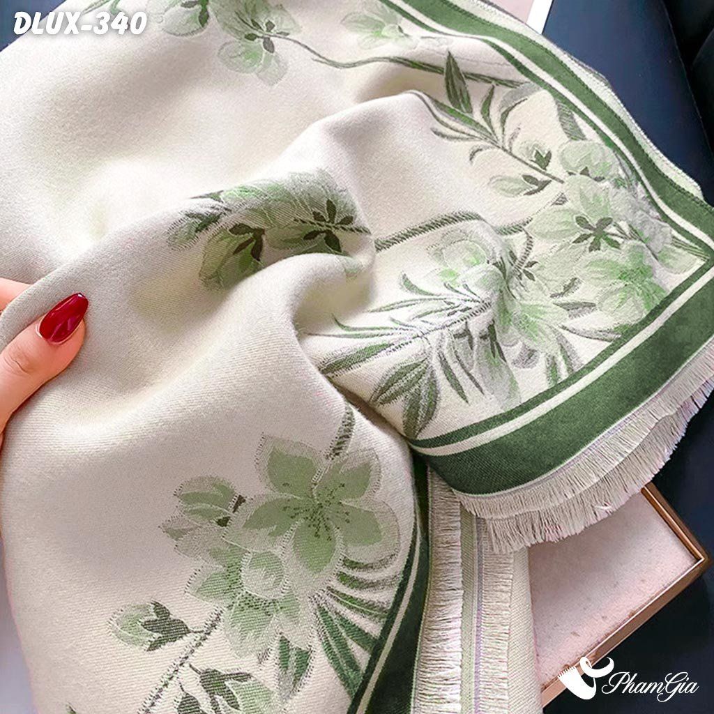 Khăn Choàng Dạ Cashmere Cao Cấp Họa Tiết Hoa Nhài Màu Xanh Rêu Trang Nhã (DLUX340)