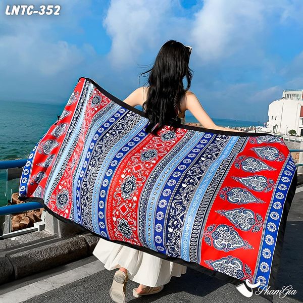 Khăn Choàng Linen Boho Họa Tiết Thổ Cẩm Paisley Phối Màu Đỏ Xanh Nổi Bật (LNTC352)