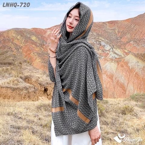 Người Mẫu Choàng Khăn Choàng Linen Phong Cách Hàn Quốc Họa Tiết Hy Lạp Màu Đen Thanh Lịch