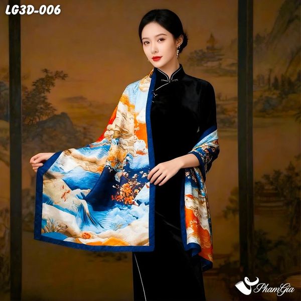 Khăn Choàng Lụa Gấm 3D Cao Cấp Họa Tiết Tranh Sơn Thủy Ngọc Lam Quý Phái (LG3D006)