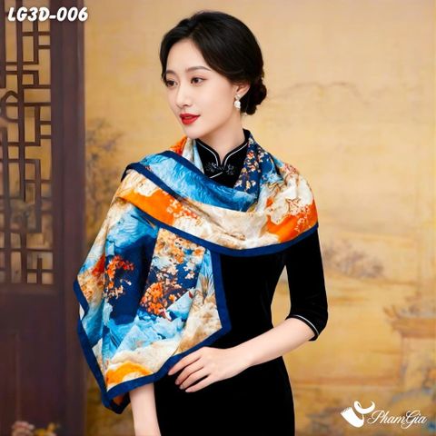 Khăn Choàng Lụa Gấm 3D Cao Cấp Họa Tiết Tranh Sơn Thủy Ngọc Lam Quý Phái (LG3D006)