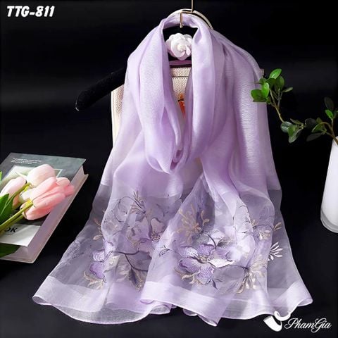 Khăn Choàng Tơ Tằm Gân Cao Cấp Thêu Hoa Mộc Lan Màu Tím Lilac Sang Trọng