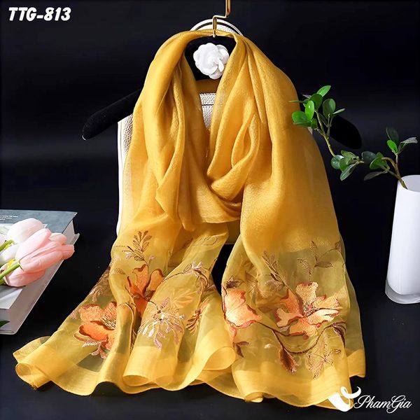 Khăn Choàng Tơ Tằm Gân Cao Cấp Thêu Hoa Mộc Lan Màu Vàng Gold Sang Trọng (TTG813)