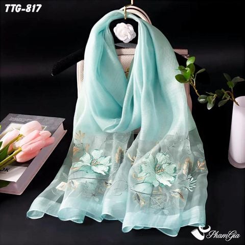 Khăn Choàng Tơ Tằm Gân Cao Cấp Thêu Hoa Mộc Lan Màu Xanh Mint Sang Trọng