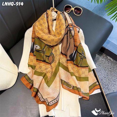 Khăn Choàng Linen Phong Cách Hàn Quốc Hoạ Tiết Túi Xách Retro Phối Viền Xanh Hiện Đại (LNHQ914)