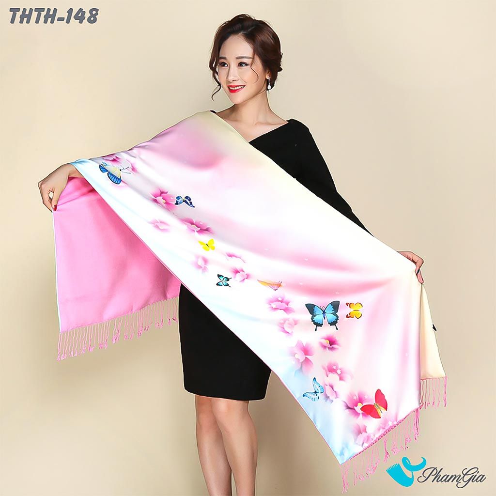 Khăn Choàng Tằm Hoa Thượng Hải 2 Lớp Cao Cấp Họa Tiết Hồng Điệp Màu Hồng Baby Trang Nhã
