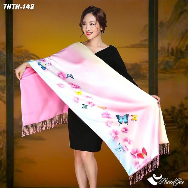 Khăn Choàng Tằm Hoa Thượng Hải 2 Lớp Cao Cấp Họa Tiết Hồng Điệp Màu Hồng Baby Trang Nhã (THTH148)