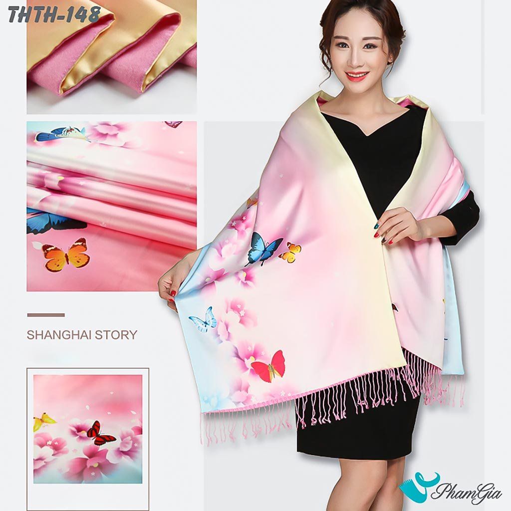 Họa Tiết Khăn Choàng Tằm Hoa Thượng Hải 2 Lớp Cao Cấp Họa Tiết Hồng Điệp Màu Hồng Baby Trang Nhã