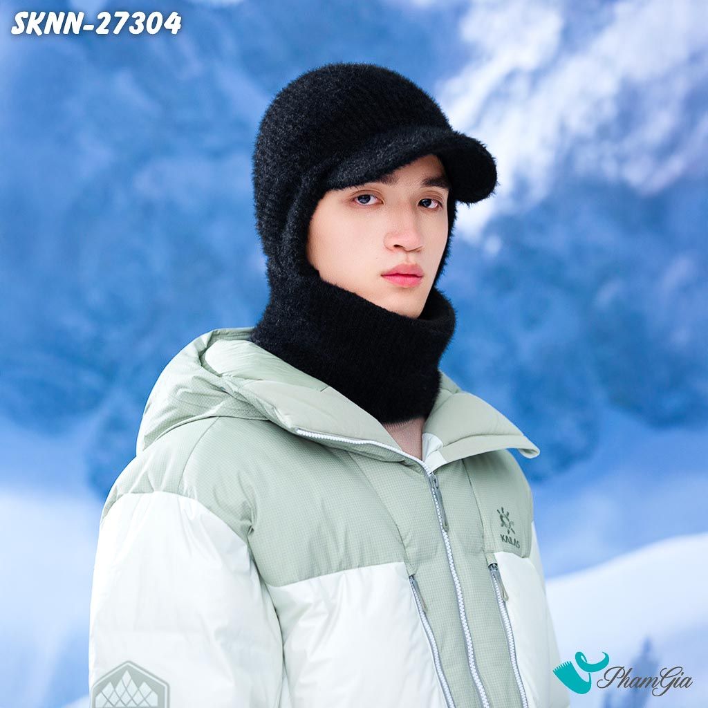 Set Khăn Nón Len Phối Lông Unisex Tích Hợp Khẩu Trang Giữ Ấm, Chắn Gió Mùa Đông Màu Đen (SKNN27304)