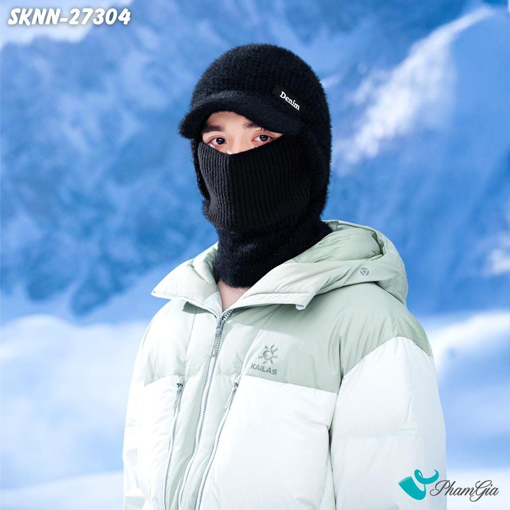 Set Khăn Nón Len Phối Lông Unisex Tích Hợp Khẩu Trang Giữ Ấm, Chắn Gió Mùa Đông Màu Đen (SKNN27304)