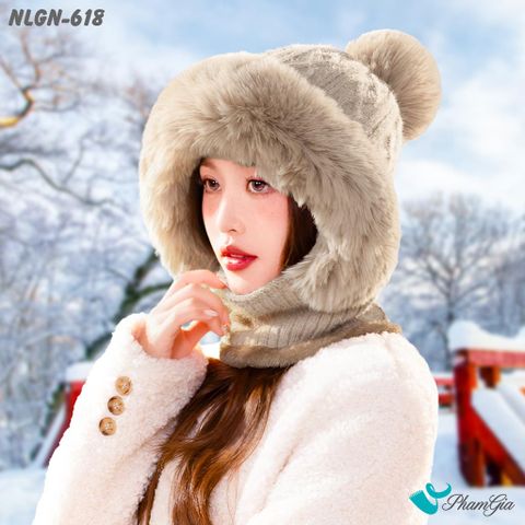 Người Mẫu Đội Nón Len Phối Lông Giữ Nhiệt Chuyên Dụng 2 Lớp Tích Hợp Khẩu Trang Giữ Ấm Cao Cấp Màu Beige