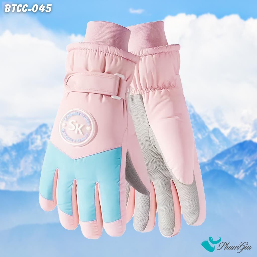 Găng Tay Phao Lót Lông 2 Lớp Siêu Dày Giữ Ấm Mùa Đông, Chống Thấm Nước Cao Cấp Màu Hồng Phối Xanh (BTCC045)
