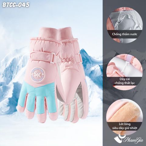 Găng Tay Phao Lót Lông 2 Lớp Siêu Dày Giữ Ấm Mùa Đông, Chống Thấm Nước Cao Cấp Màu Hồng Phối Xanh (BTCC045)