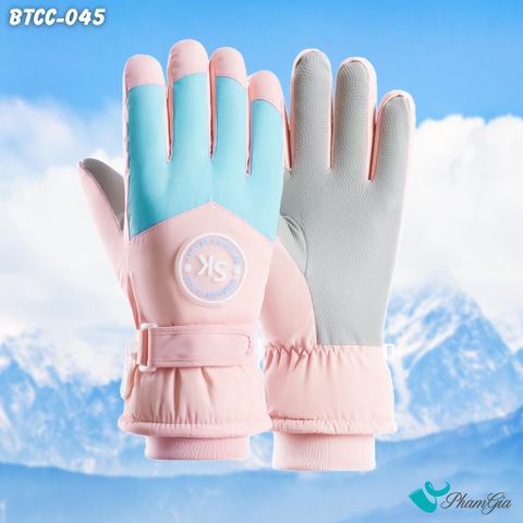 Găng Tay Phao Lót Lông 2 Lớp Siêu Dày Giữ Ấm Mùa Đông, Chống Thấm Nước Cao Cấp Màu Hồng Phối Xanh (BTCC045)