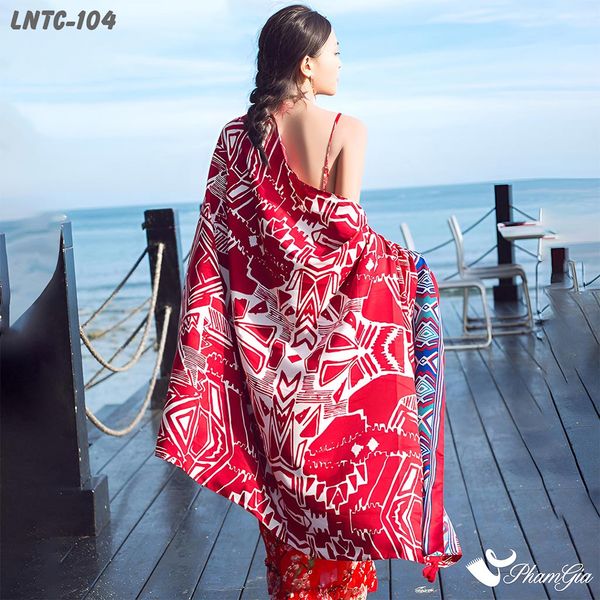 Khăn Choàng Linen Boho Họa Tiết Thổ Cẩm Tribal Màu Đỏ Đô Phối Viền Xanh Cá Tính (LNTC104)