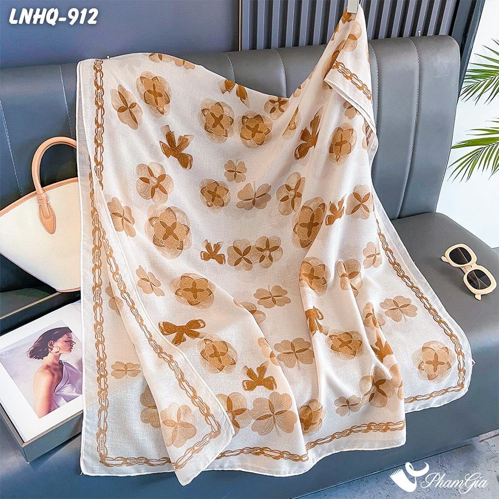 Khăn Choàng Linen Phong Cách Hàn Quốc Hoạ Tiết Hoa Cách Điệu Màu Nâu Thanh Lịch (LNHQ912)