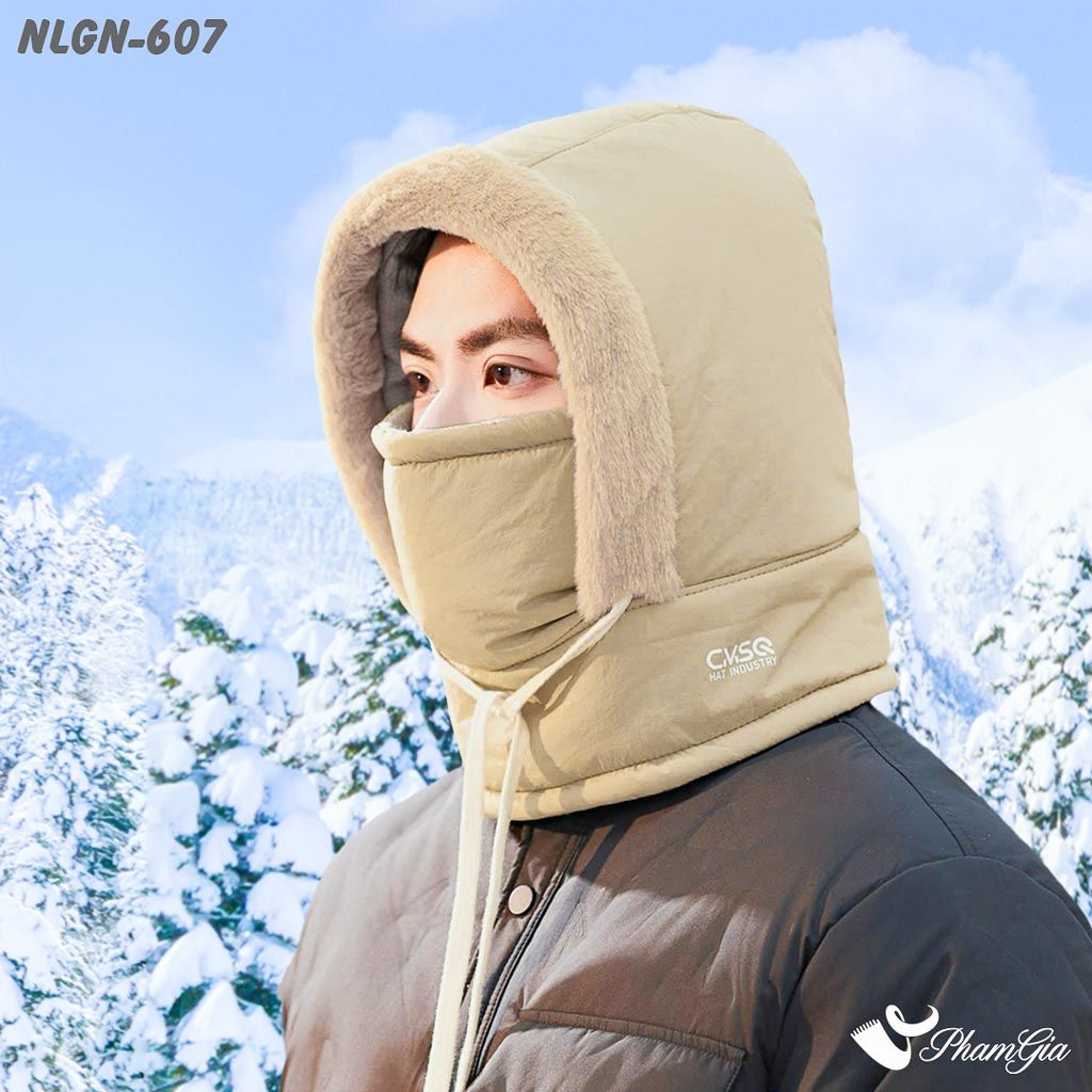 Người Mẫu Đội Nón Lông Giữ Nhiệt Chuyên Dụng Tích Hợp Khẩu Trang Giữ Ấm Siêu Dày Màu Beige