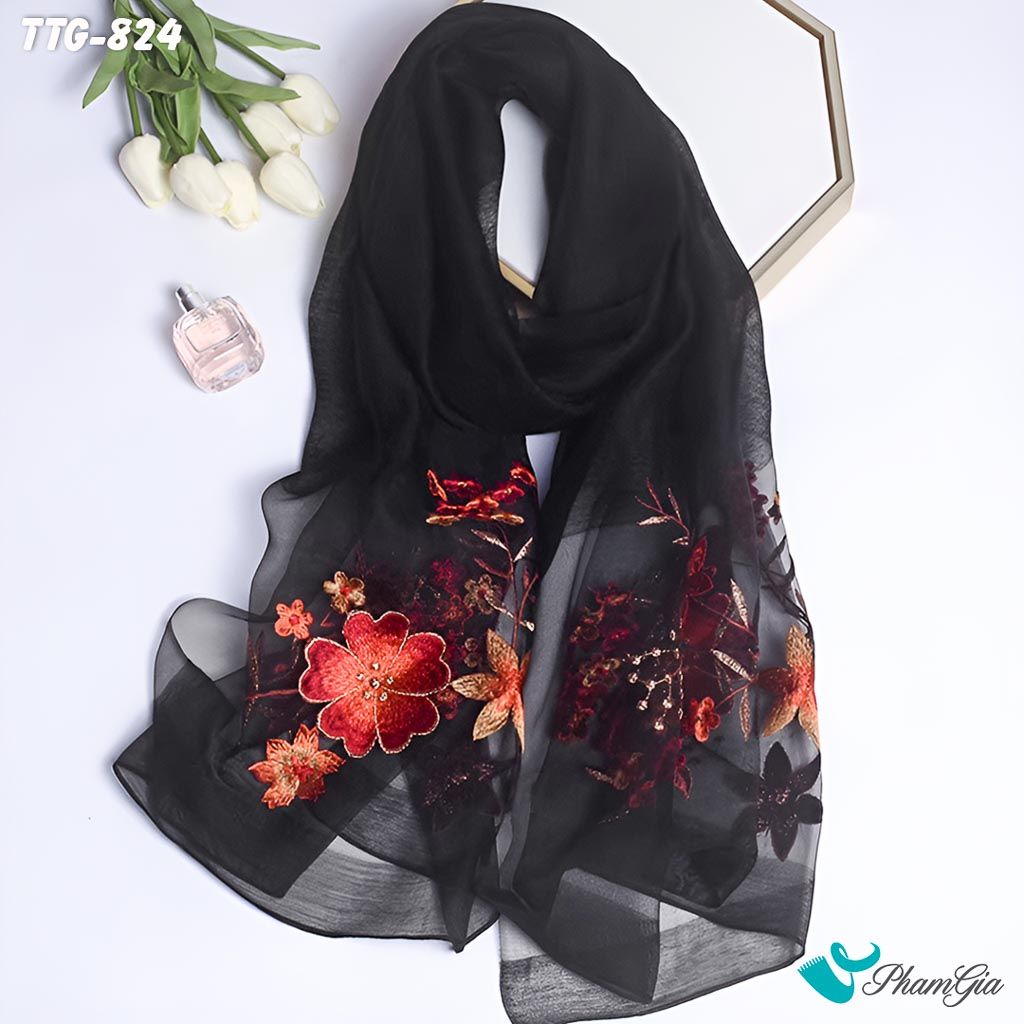 Khăn Choàng Tơ Tằm Gân Cao Cấp Thêu Hoa Mai Màu Đen Sang Trọng