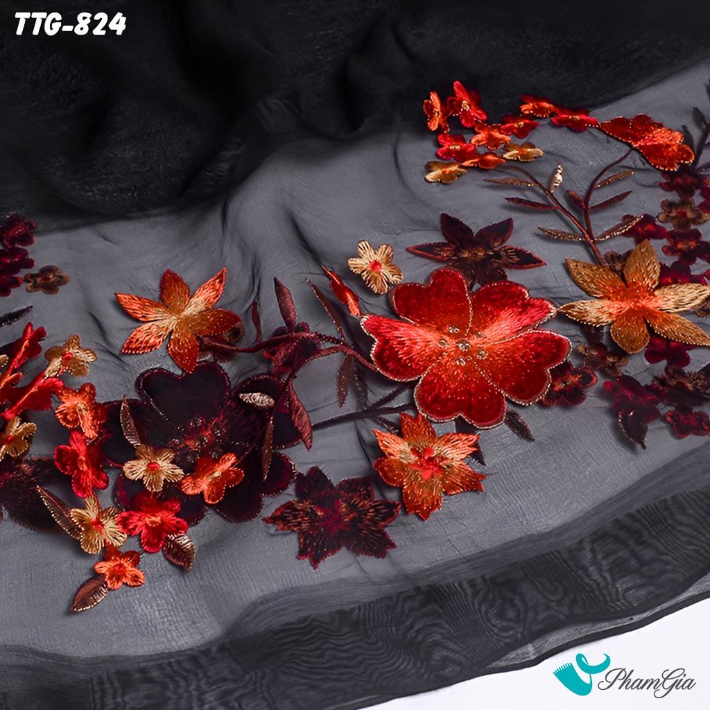 Họa Tiết Khăn Choàng Tơ Tằm Gân Cao Cấp Thêu Hoa Mai Màu Đen Sang Trọng
