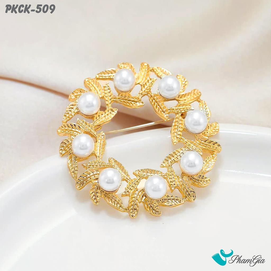 Phụ Kiện Cài Khăn, Cài Áo Đa Năng Họa Tiết Họa Tiết Lá Nguyệt Quế Đính Ngọc Trai (PKCK509)