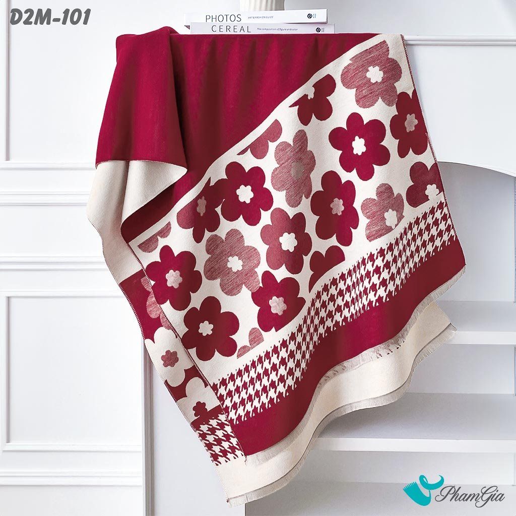 Khăn Choàng Dạ Cashmere 2 Mặt Cao Cấp Họa Tiết Hoa Mai Màu Đỏ Đô (D2M101)