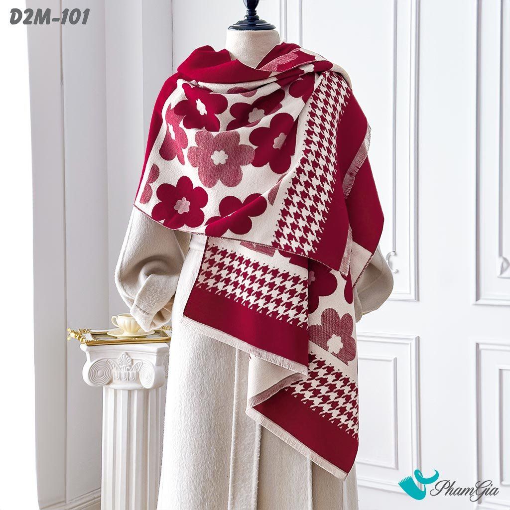 Khăn Choàng Dạ Cashmere 2 Mặt Cao Cấp Họa Tiết Hoa Mai Màu Đỏ Đô (D2M101)