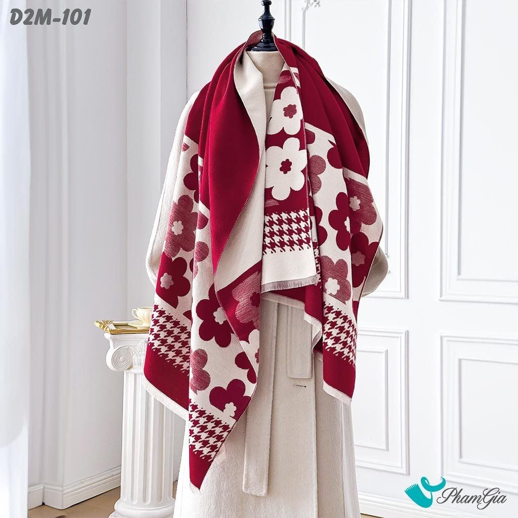 Khăn Choàng Dạ Cashmere 2 Mặt Cao Cấp Họa Tiết Hoa Mai Màu Đỏ Đô (D2M101)