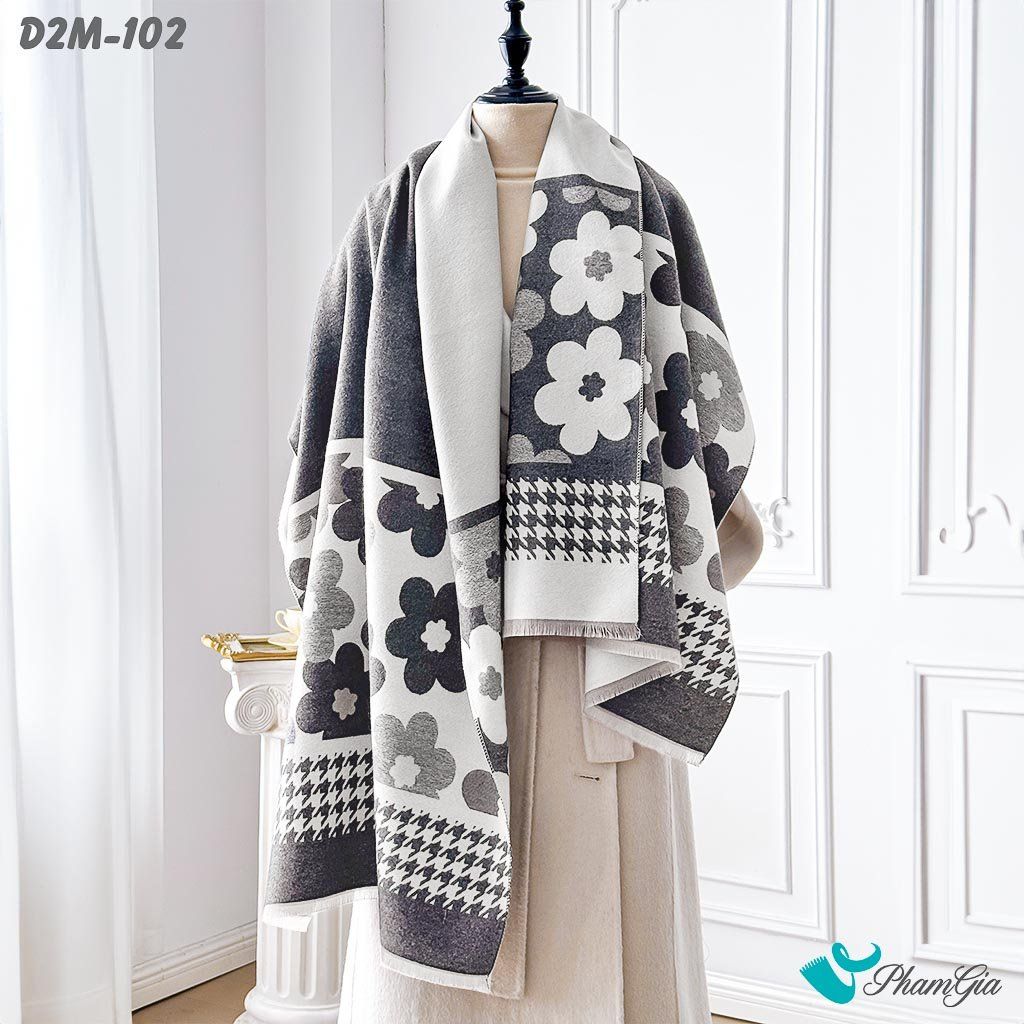 Khăn Choàng Dạ Cashmere 2 Mặt Cao Cấp Họa Tiết Hoa Mai Màu Xám (D2M102)