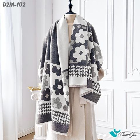 Khăn Choàng Dạ Cashmere 2 Mặt Cao Cấp Họa Tiết Hoa Mai Màu Xám (D2M102)