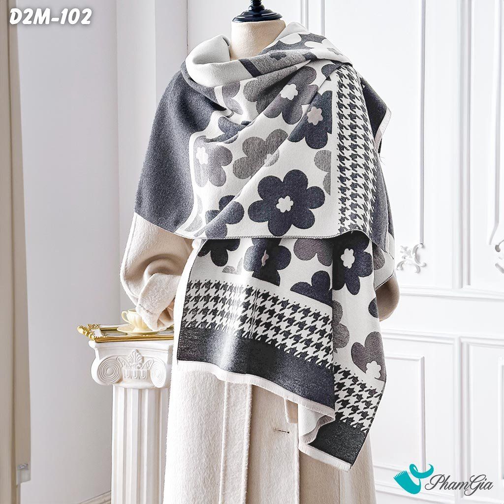 Khăn Choàng Dạ Cashmere 2 Mặt Cao Cấp Họa Tiết Hoa Mai Màu Xám (D2M102)