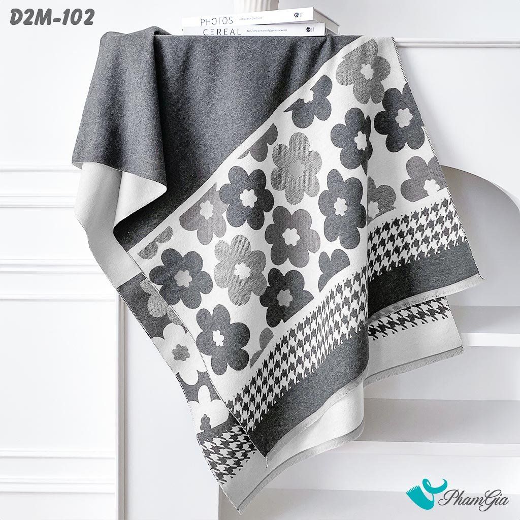 Khăn Choàng Dạ Cashmere 2 Mặt Cao Cấp Họa Tiết Hoa Mai Màu Xám (D2M102)