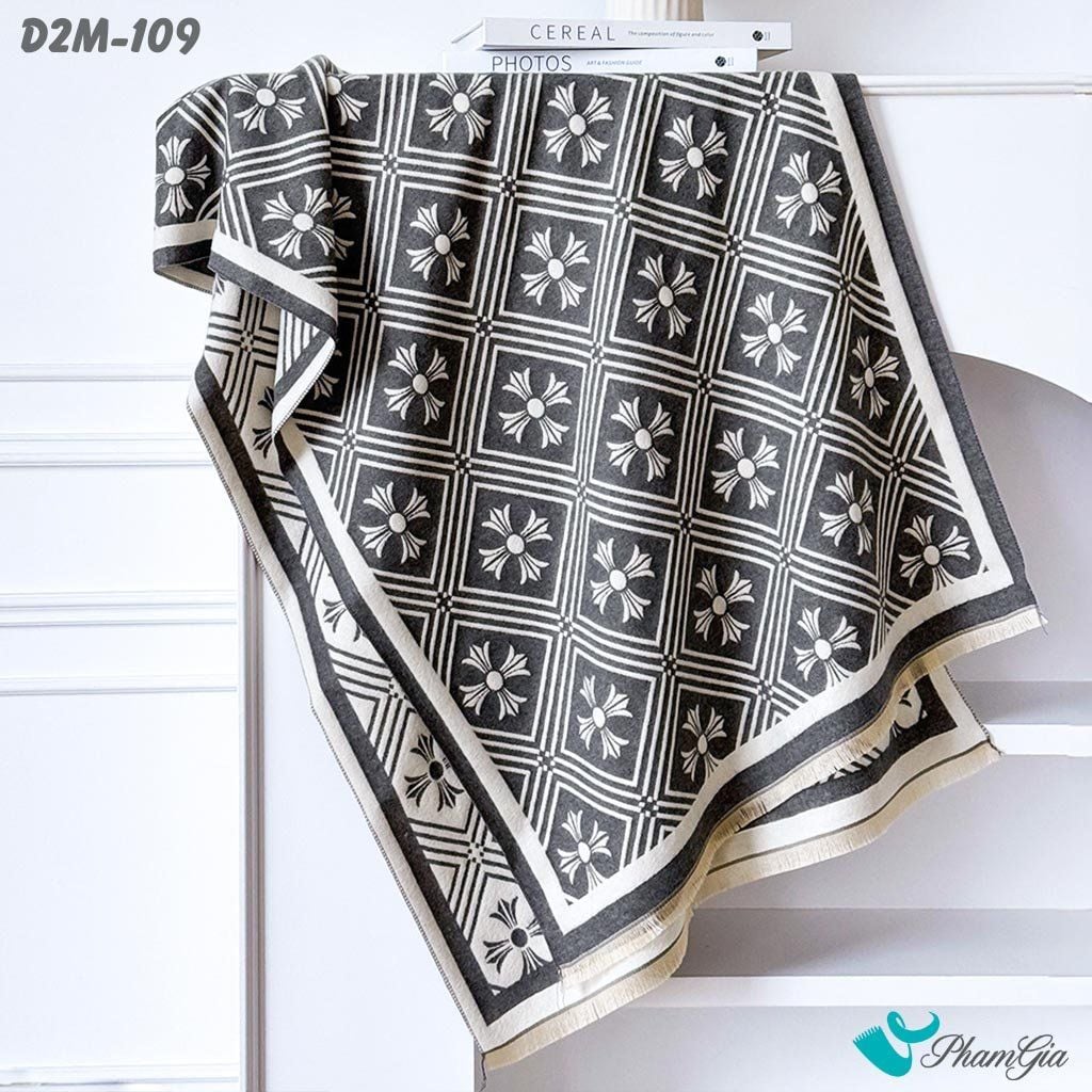 Khăn Choàng Dạ Cashmere 2 Mặt Cao Cấp Họa Tiết Retro Màu Xám (D2M109)