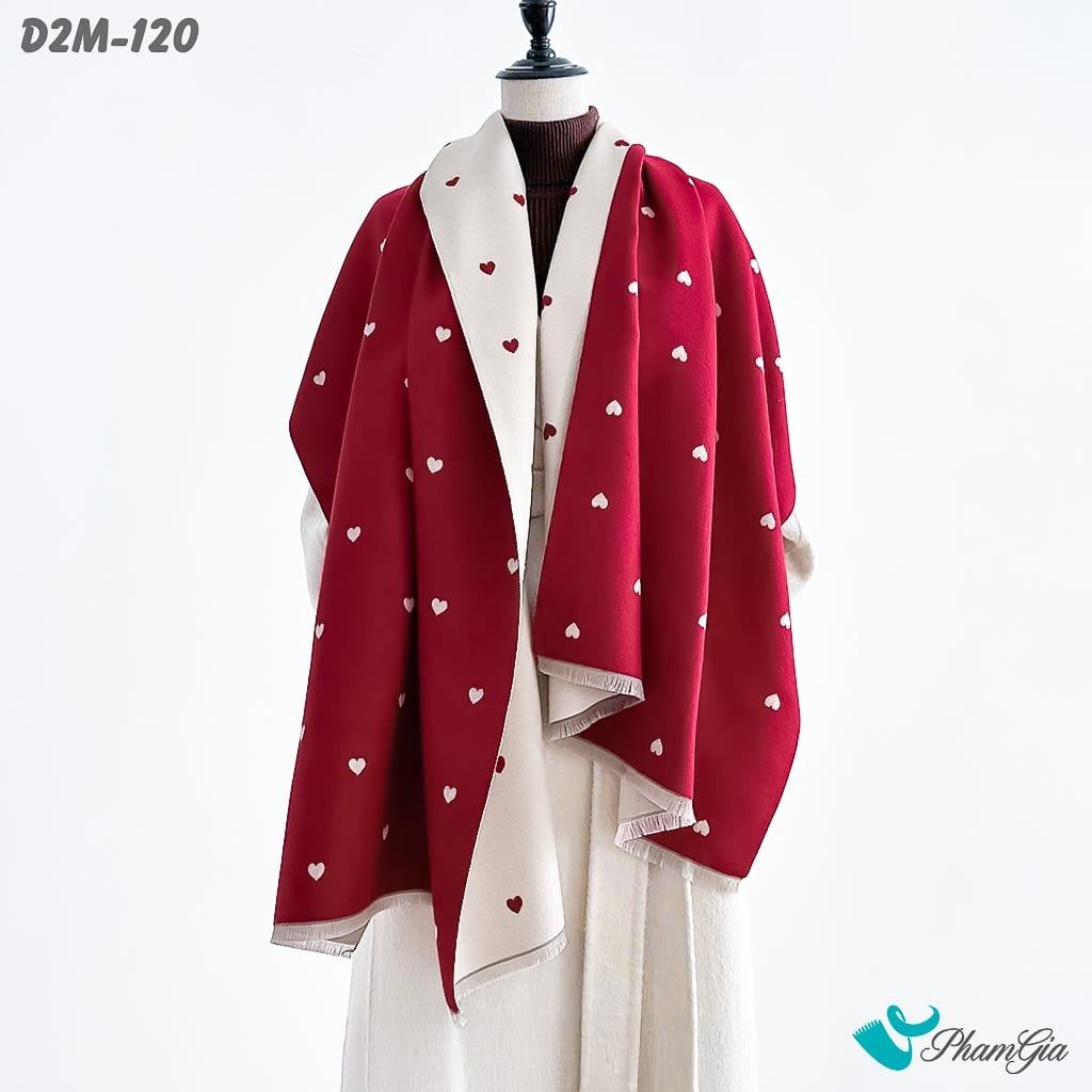Khăn Choàng Dạ Cashmere 2 Mặt Cao Cấp Họa Tiết Trái Tim Nhỏ Màu Đỏ (D2M120)