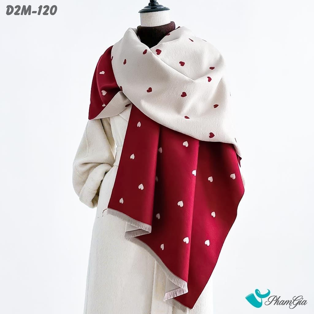 Khăn Choàng Dạ Cashmere 2 Mặt Cao Cấp Họa Tiết Trái Tim Nhỏ Màu Đỏ (D2M120)