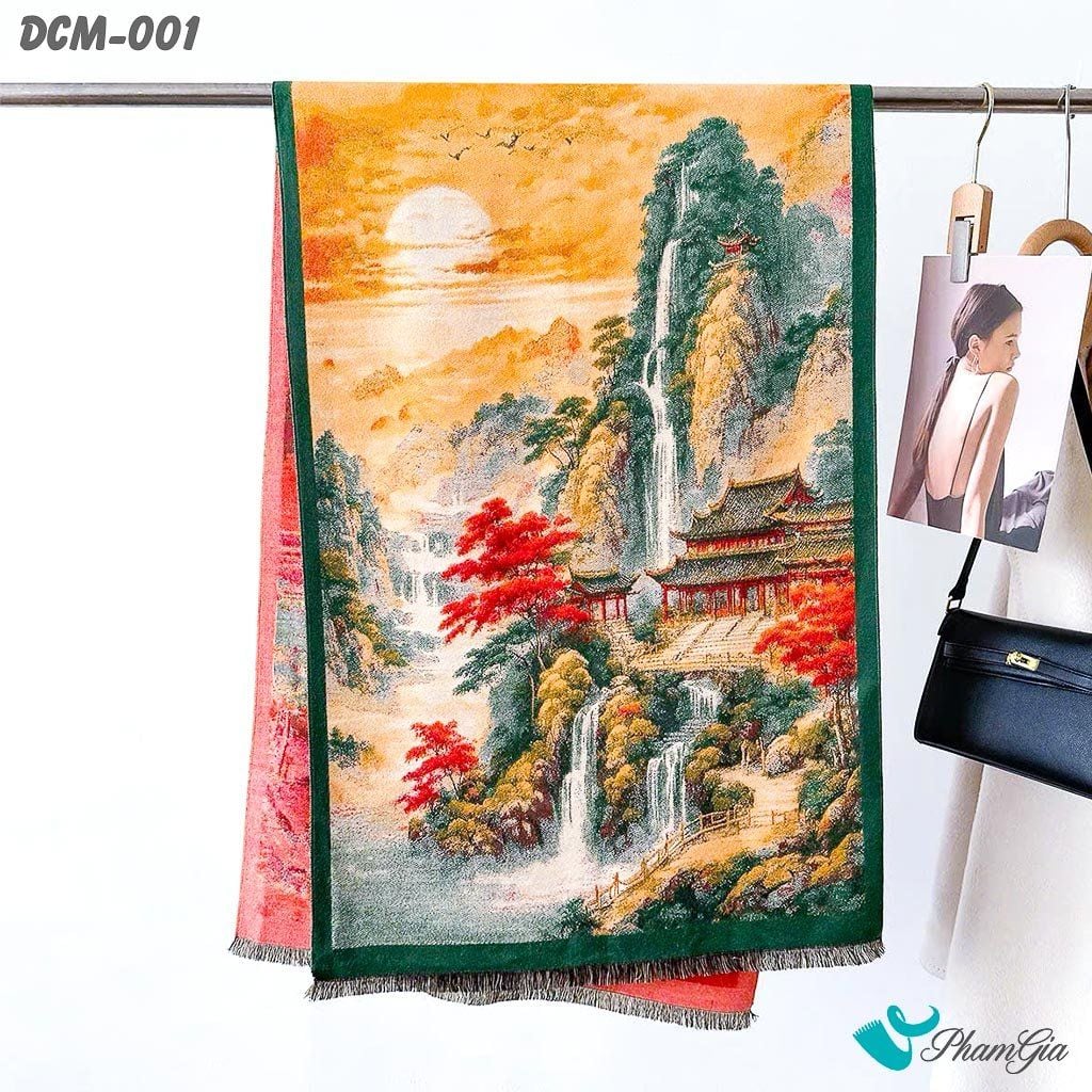Khăn Choàng Dạ Cashmere 3D Cao Cấp Họa Tiết Tranh Sơn Thủy (DCM001)